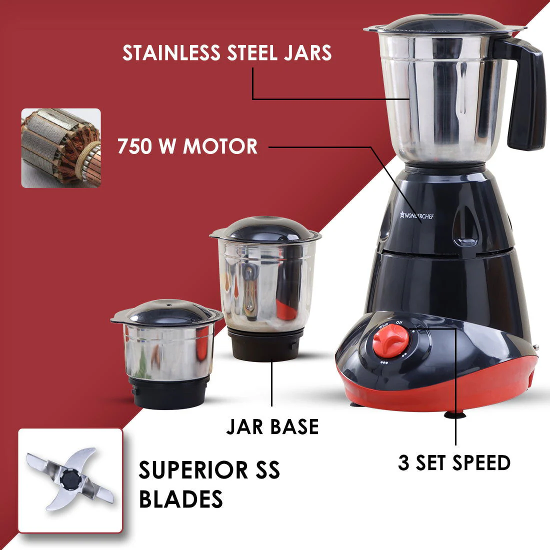 Wonderchef Renewed Capri Mixer Grinder 750W, 3 Stainless Steel Jars, Black & Red, 1 Year Warranty - Image 3