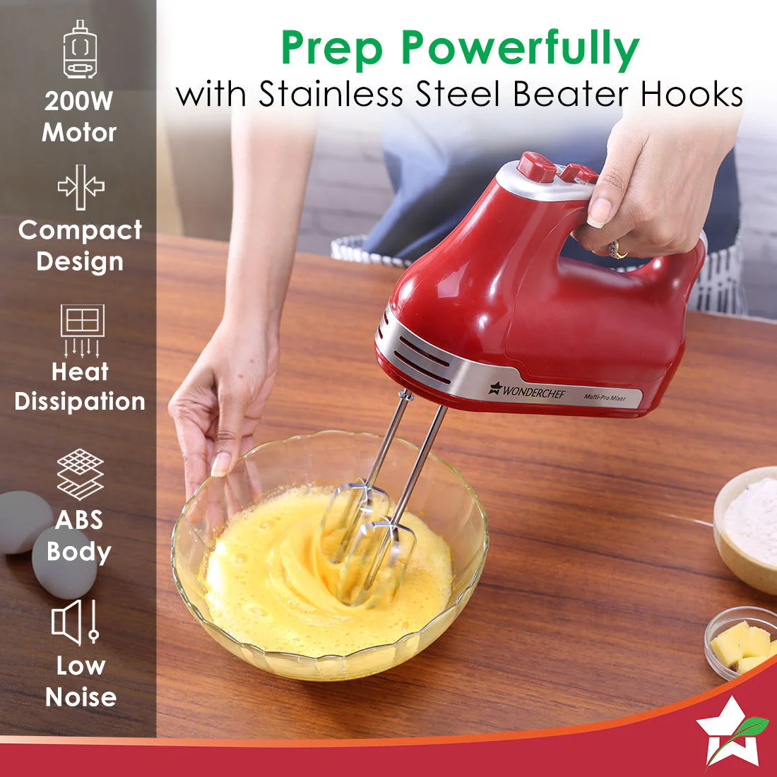 Wonderchef Renewed Crimson Edge 5 Speed Electric Hand Mixer | 300W Powerful Copper Motor | TurboSpeed I Adjustable Slow Speed Start I Hand Blender | Stainless Steel Whisk Beaters and Dough Hooks | 1 Year Warranty - Image 3