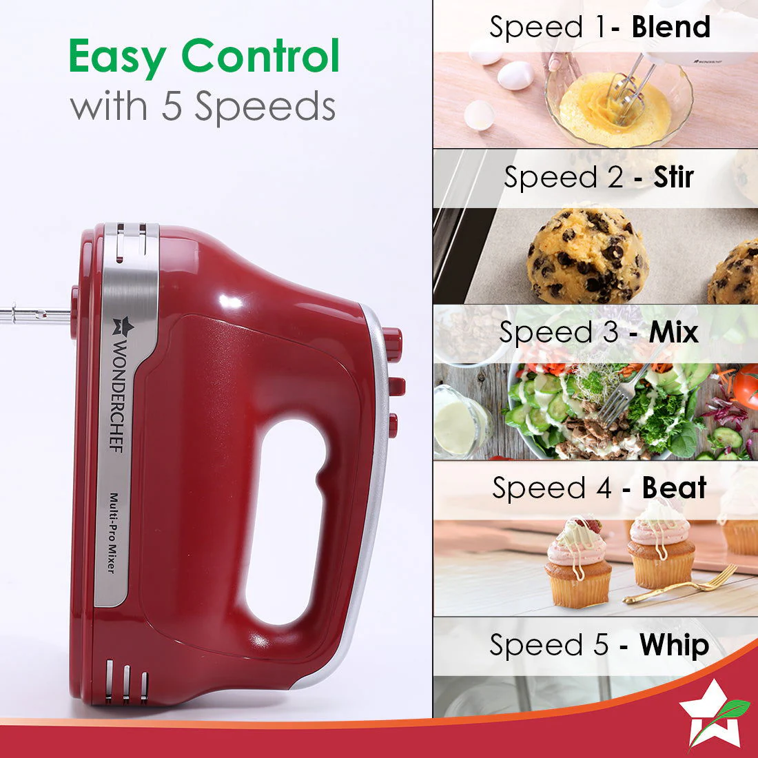 Wonderchef Renewed Crimson Edge 5 Speed Electric Hand Mixer | 300W Powerful Copper Motor | TurboSpeed I Adjustable Slow Speed Start I Hand Blender | Stainless Steel Whisk Beaters and Dough Hooks | 1 Year Warranty - Image 5