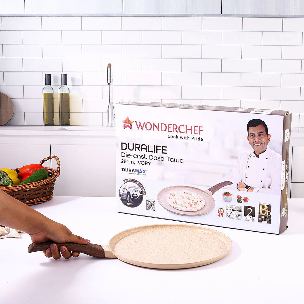 Duralife Die-cast 28 cm Dosa Tawa | 5 Layer Healthy Duramax Non-Stick Coating | Soft Touch Handle | Pure Grade Aluminium | PFOA Free | 2 Year Warranty | Ivory - Image 8