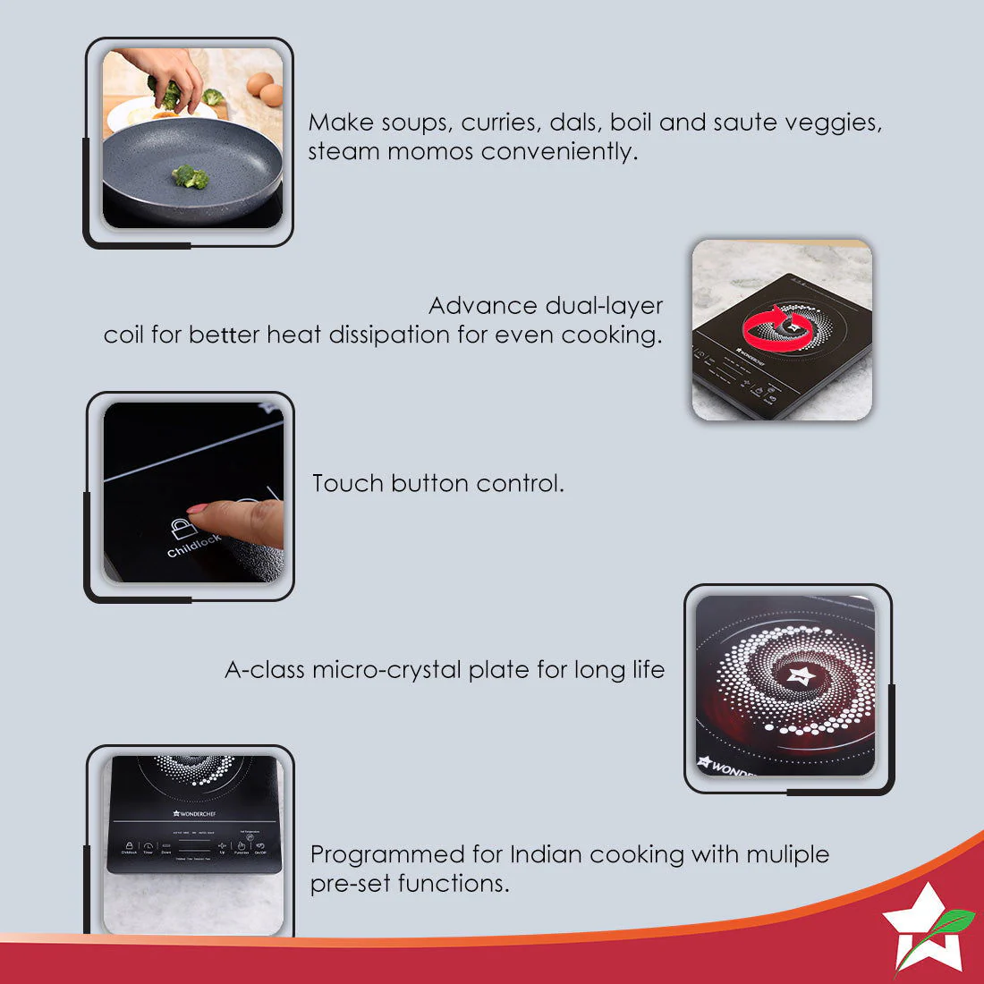 Wonderchef Renewed Easy Cook Hot Plate Infrared Cooktop with Feather Touch Control & Child Lock Feature | 2000 Watt Induction Cooktop | Crystal Glass Top Surface | LED Digital Panel | Smart Touch Buttons - Image 4