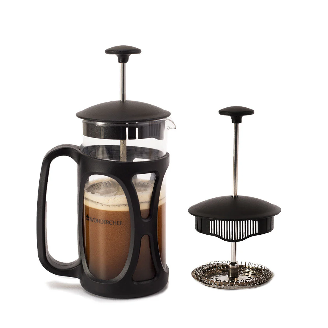 Wonderchef Renewed French Press Coffee & Tea Maker 600 ml | Premium Heat Resistant Borosilicate Glass Carafe in SS Housing | 4 Level Filtration System | SS Plunger with Mesh | 3-4 Cups of Coffee | Brews in Just 3 Minutes | Black | 1 Year Warranty
