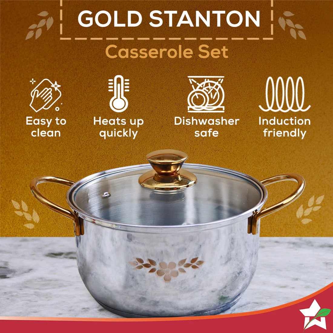 Wonderchef Renewed Gold Stanton Stainless Steel 3 piece Casserole Set with Glass Lid | Golden knobs and handles | Induction & Gas Stove friendly | Set of 3 (1.6L, 2.3L, 3.1L) | 1 Year Warranty - Image 3