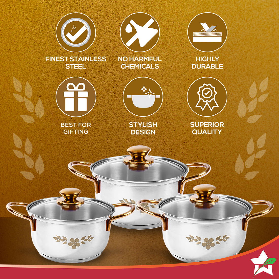 Wonderchef Renewed Gold Stanton Stainless Steel 3 piece Casserole Set with Glass Lid | Golden knobs and handles | Induction & Gas Stove friendly | Set of 3 (1.6L, 2.3L, 3.1L) | 1 Year Warranty - Image 4