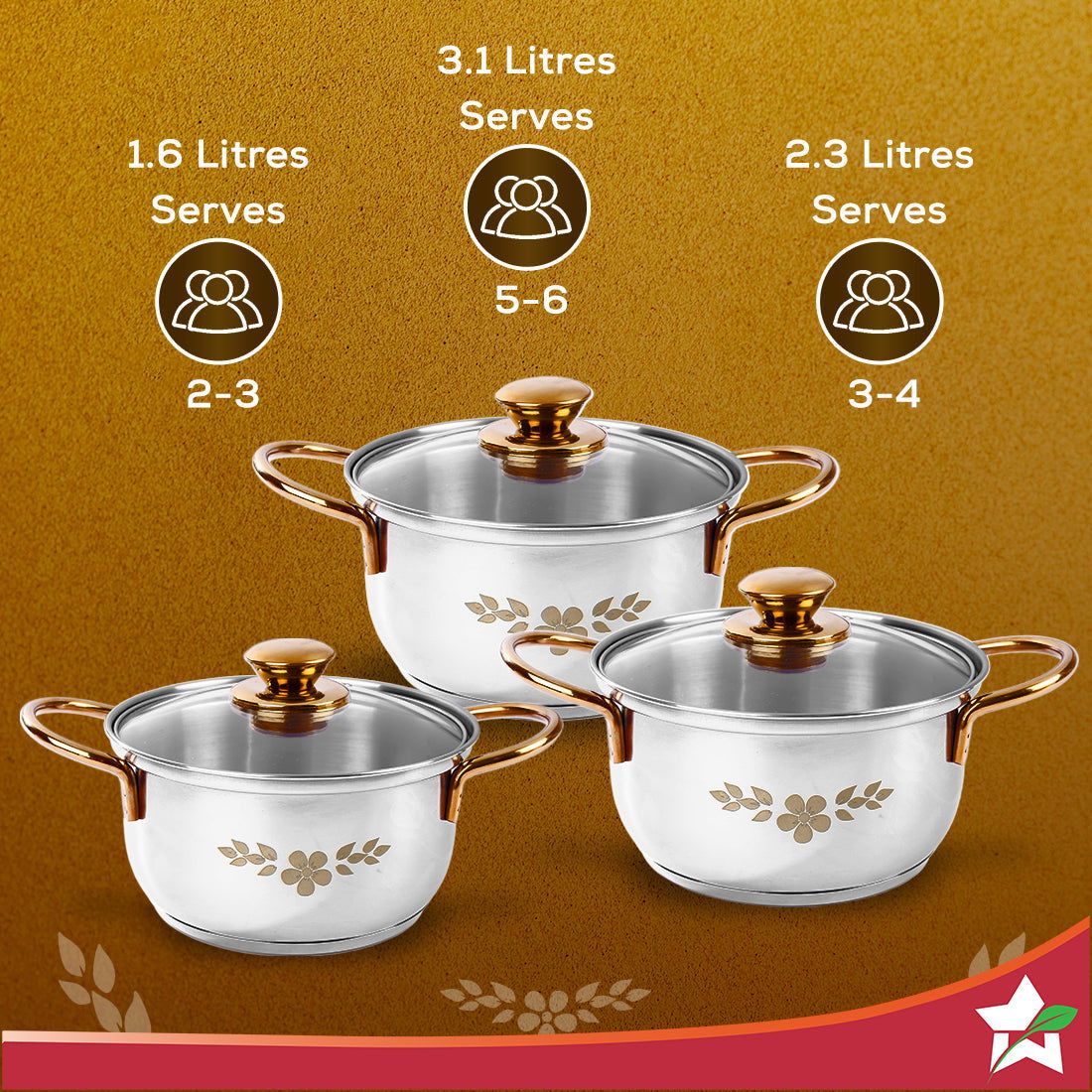 Wonderchef Renewed Gold Stanton Stainless Steel 3 piece Casserole Set with Glass Lid | Golden knobs and handles | Induction & Gas Stove friendly | Set of 3 (1.6L, 2.3L, 3.1L) | 1 Year Warranty - Image 5