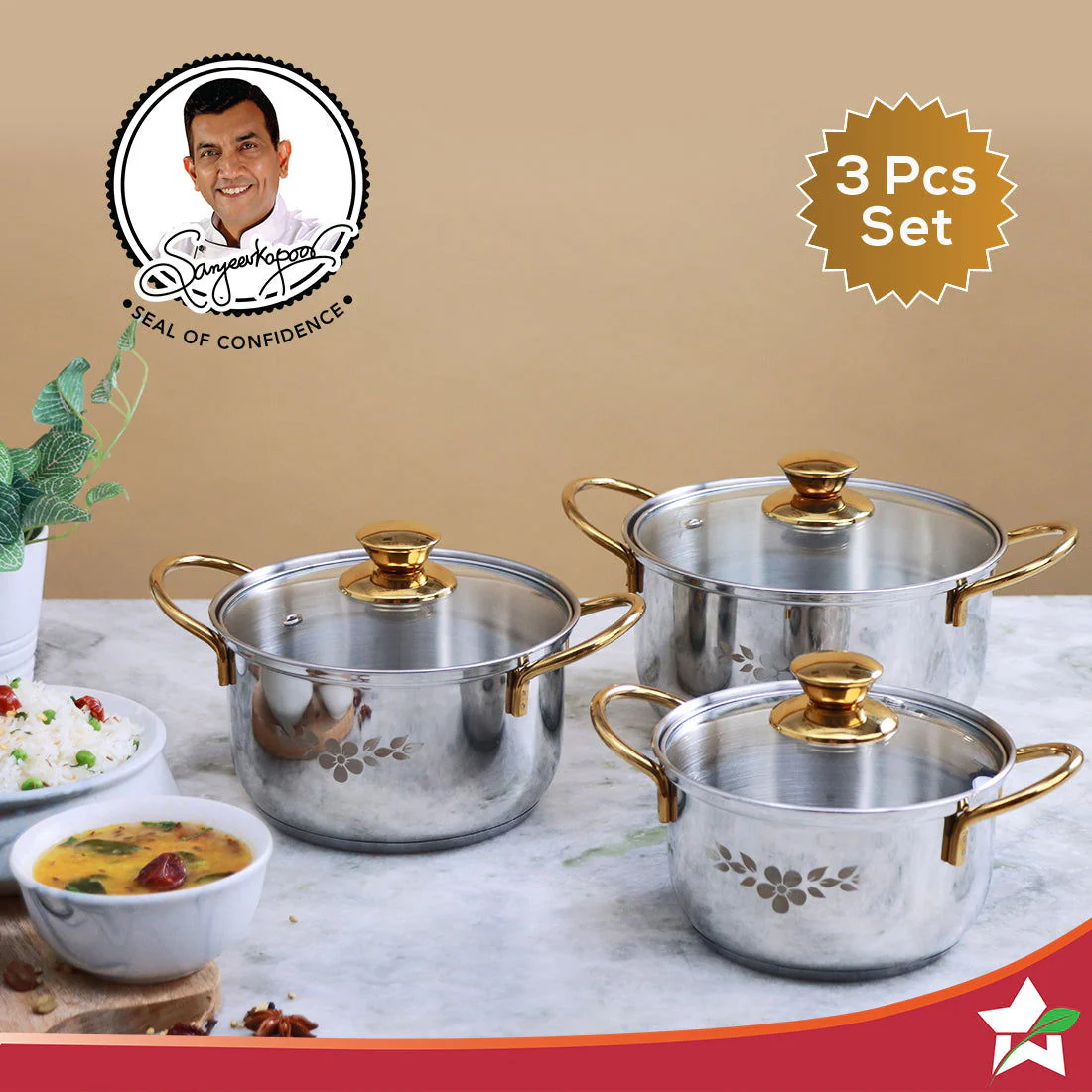 Wonderchef Renewed Gold Stanton Stainless Steel 3 piece Casserole Set with Glass Lid | Golden knobs and handles | Induction & Gas Stove friendly | Set of 3 (1.6L, 2.3L, 3.1L) | 1 Year Warranty - Image 6