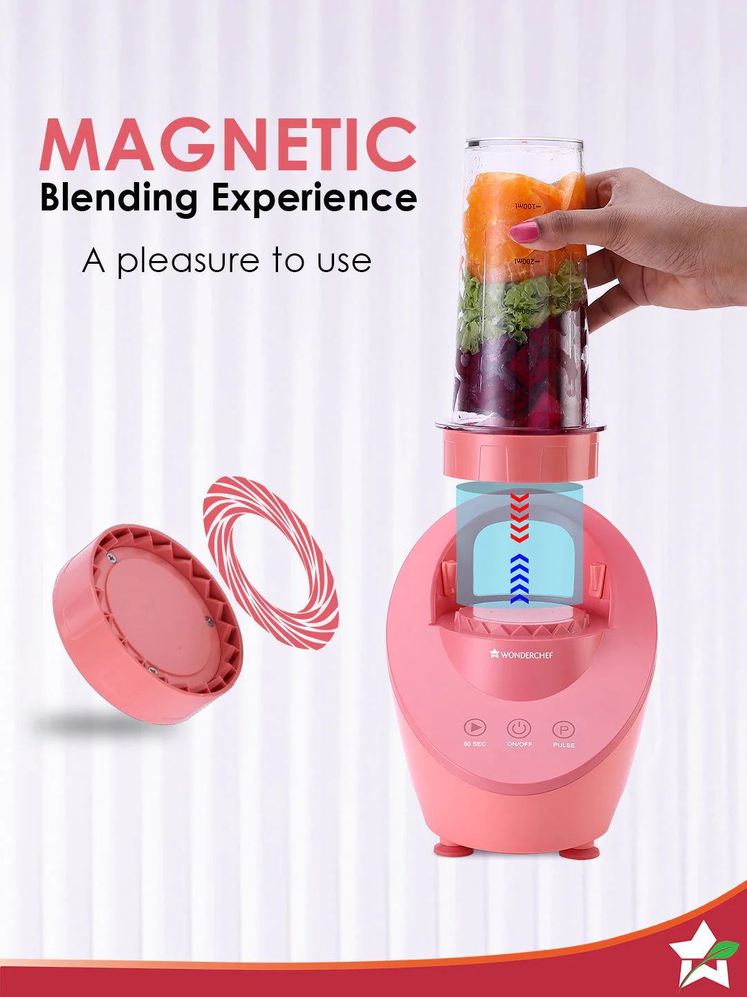 Wonderchef Renewed Magneto Blender | Smoothie & Juice Maker | World’s Safest with Magnetic Induction Tech | Variable Speed | Automatic with 60-sec auto-stop | Portable with Sipper Jar | 1-Year Warranty - Image 4