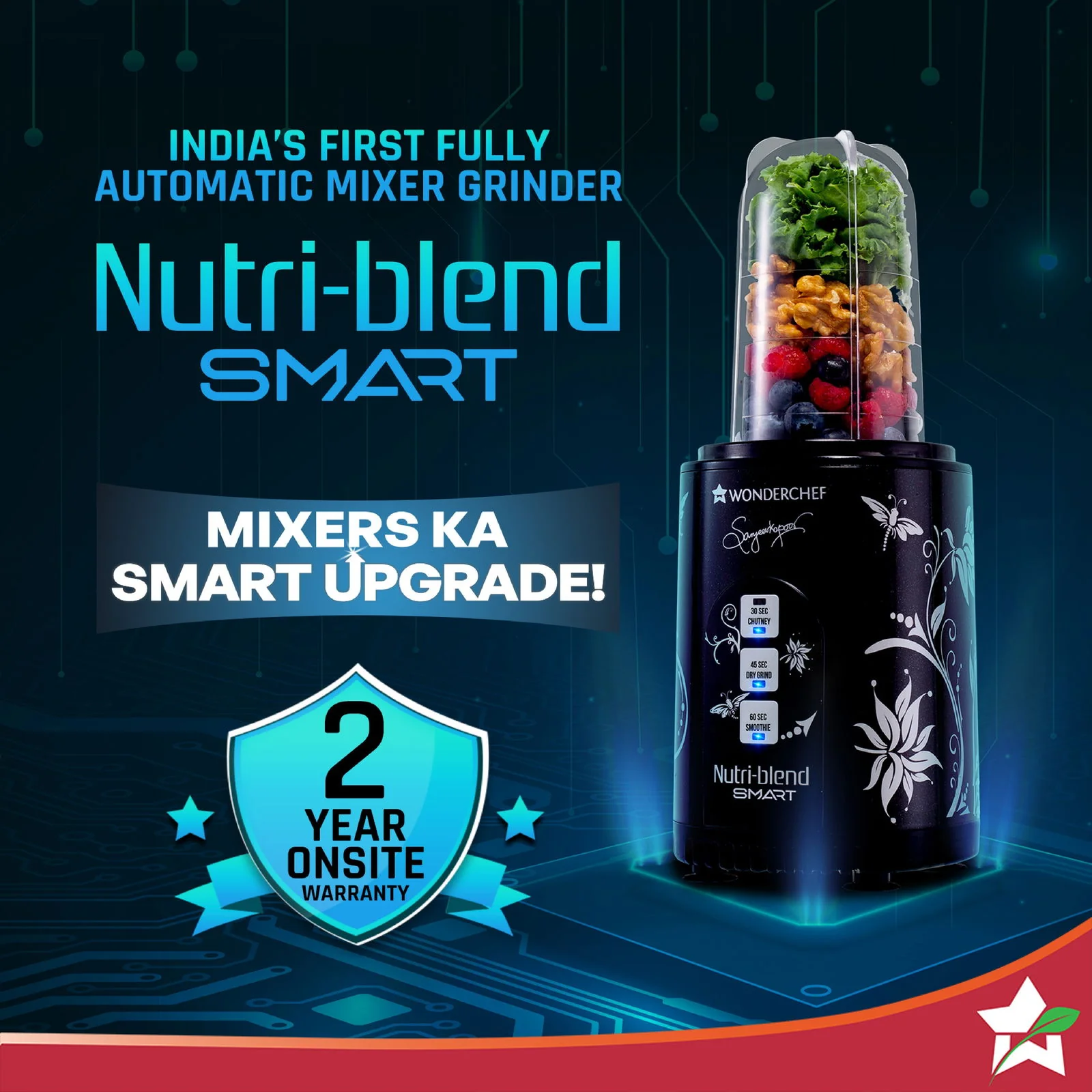 Nutri-blend SMART Automatic Mixer Grinder with Dual Pulse Function|22000 RPM|100% Full Copper Motor|2 Unbreakable Jars| 500 Watt| 2 Years Warranty| Recipe book by Chef Sanjeev Kapoor| Black - Image 7