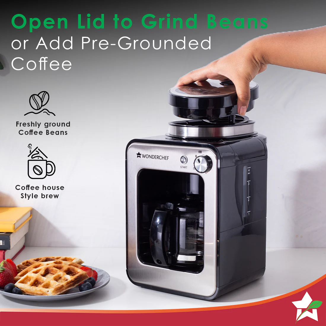 Wonderchef Renewed Regalia Bean-to-Cup Brew Coffee Maker with Grinder |Brews 4 cups | Glass Carafe | Easy Control Dial | Steel | 1 Year Warranty - Image 3