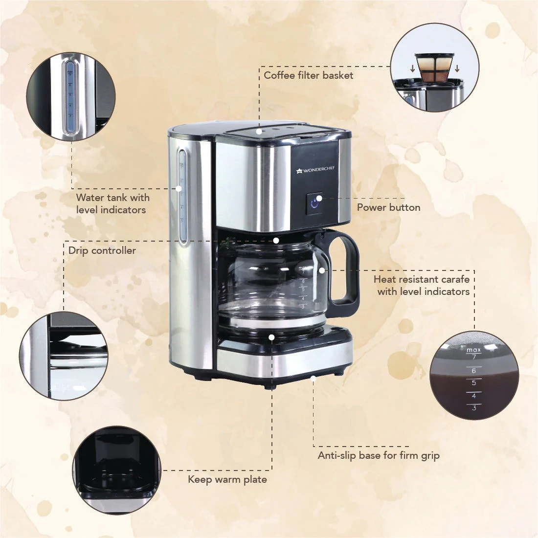 Wonderchef Renewed Regalia Brew Coffee Maker | 550 W | 700ml Borosilicate Glass Carafe | 3-in-1 Filter Coffee, Espresso, Cappuccino | Auto Shut Off | Removable Cone Filter | 7 Cups Coffee | 1 Year Warranty - Image 6
