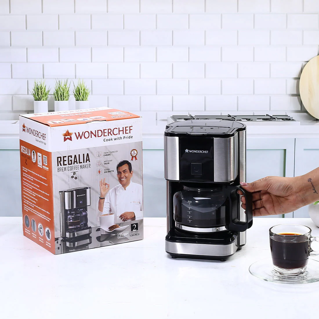 Wonderchef Renewed Regalia Brew Coffee Maker | 550 W | 700ml Borosilicate Glass Carafe | 3-in-1 Filter Coffee, Espresso, Cappuccino | Auto Shut Off | Removable Cone Filter | 7 Cups Coffee | 1 Year Warranty - Image 8