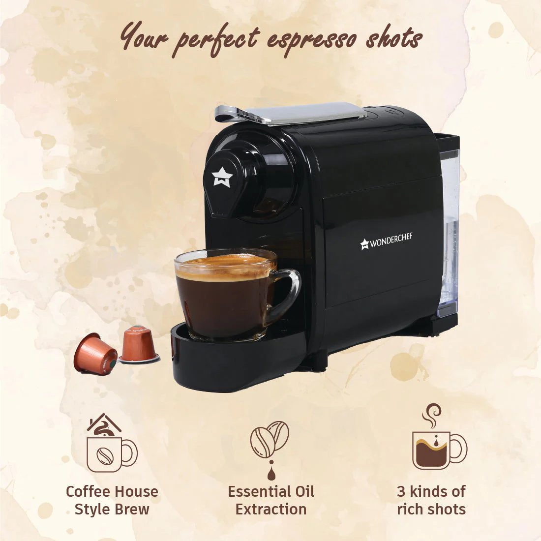 Wonderchef Renewed Regalia Capsule Coffee Machine with Frother | Compatible with Nespresso Capsules | 3 Coffee Shot options - Ristretto, Espresso, Lungo | Patented Capsule Ejection System | 1400W | 1 Year Warranty - Image 4