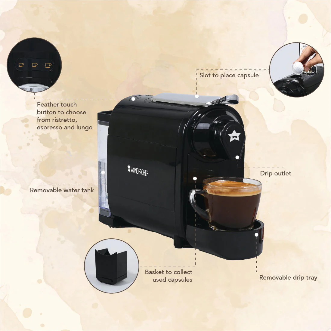 Wonderchef Renewed Regalia Capsule Coffee Machine with Frother | Compatible with Nespresso Capsules | 3 Coffee Shot options - Ristretto, Espresso, Lungo | Patented Capsule Ejection System | 1400W | 1 Year Warranty - Image 7