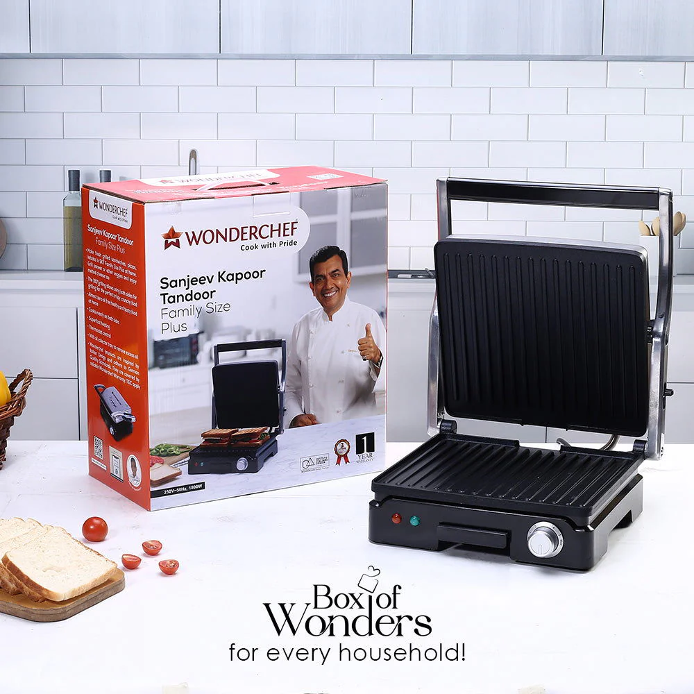 Wonderchef Renewed Sanjeev Kapoor Tandoor Family Size Plus| Electric Contact Grill & Sandwich Maker| 1800 Watt| Non-stick Grooves Healthy cooking | Super fast heating | 1 Year Warranty| Black & Silver - Image 8