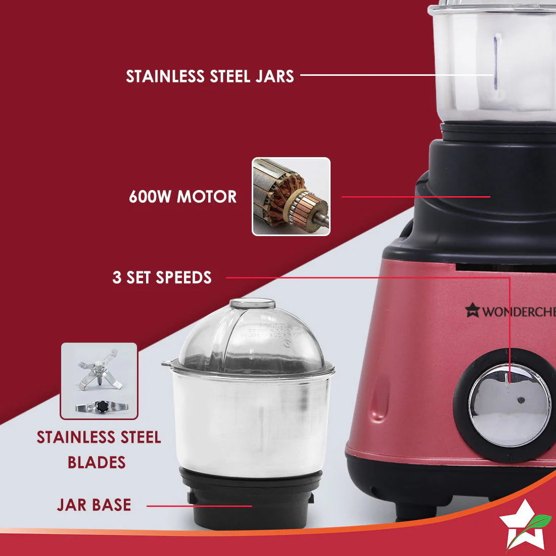 Wonderchef Renewed Sumo Mixer Grinder With 3 Stainless Steel Jars | 600W | Anti-Rust Blades | Ergonomic Handles - Image 3