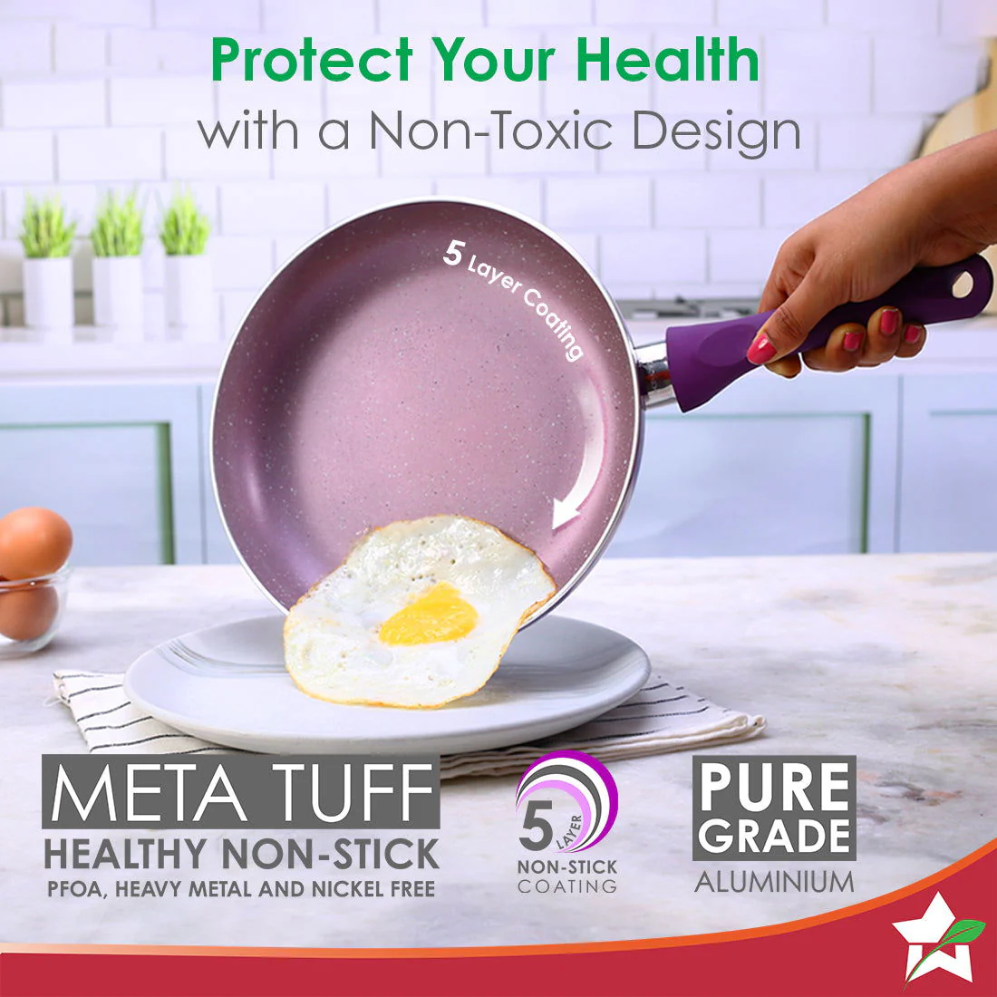 Royal Velvet Non-stick 24cm Fry pan I Induction Ready | Soft-touch handles |Non – Toxic I Virgin Aluminium| 3 mm thick | 1.8 litres | 2 year warranty | Purple - Image 3