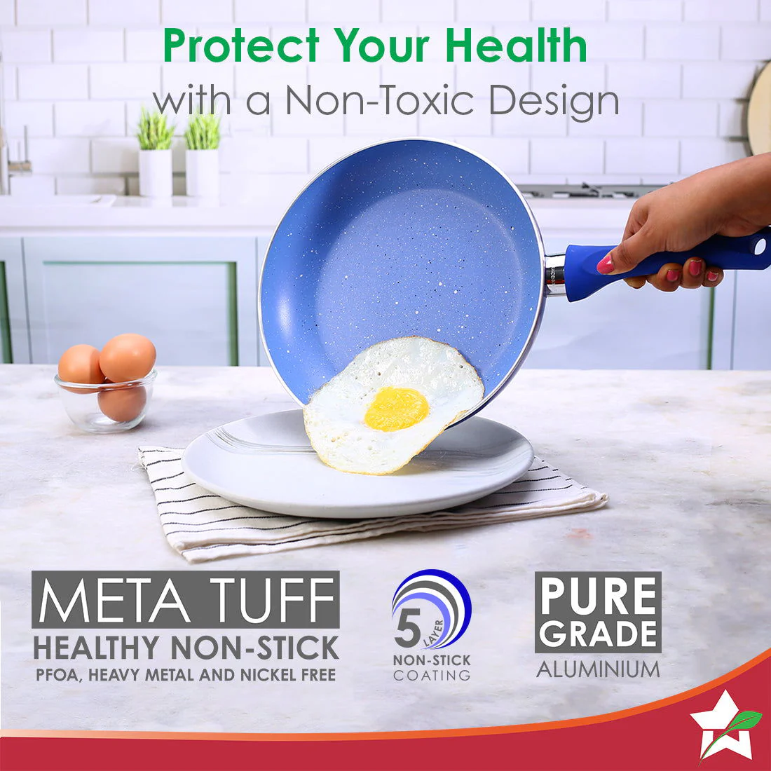 Royal Velvet Non-stick Cookware Set, 5Pc (Fry Pan with Lid, Wok, Dosa Tawa, Mini Fry Pan) Induction Bottom, Soft-touch Handles, Virgin Grade Aluminium, PFOA/Heavy Metals Free, 3mm, 2 Years Warranty, Blue - Image 3