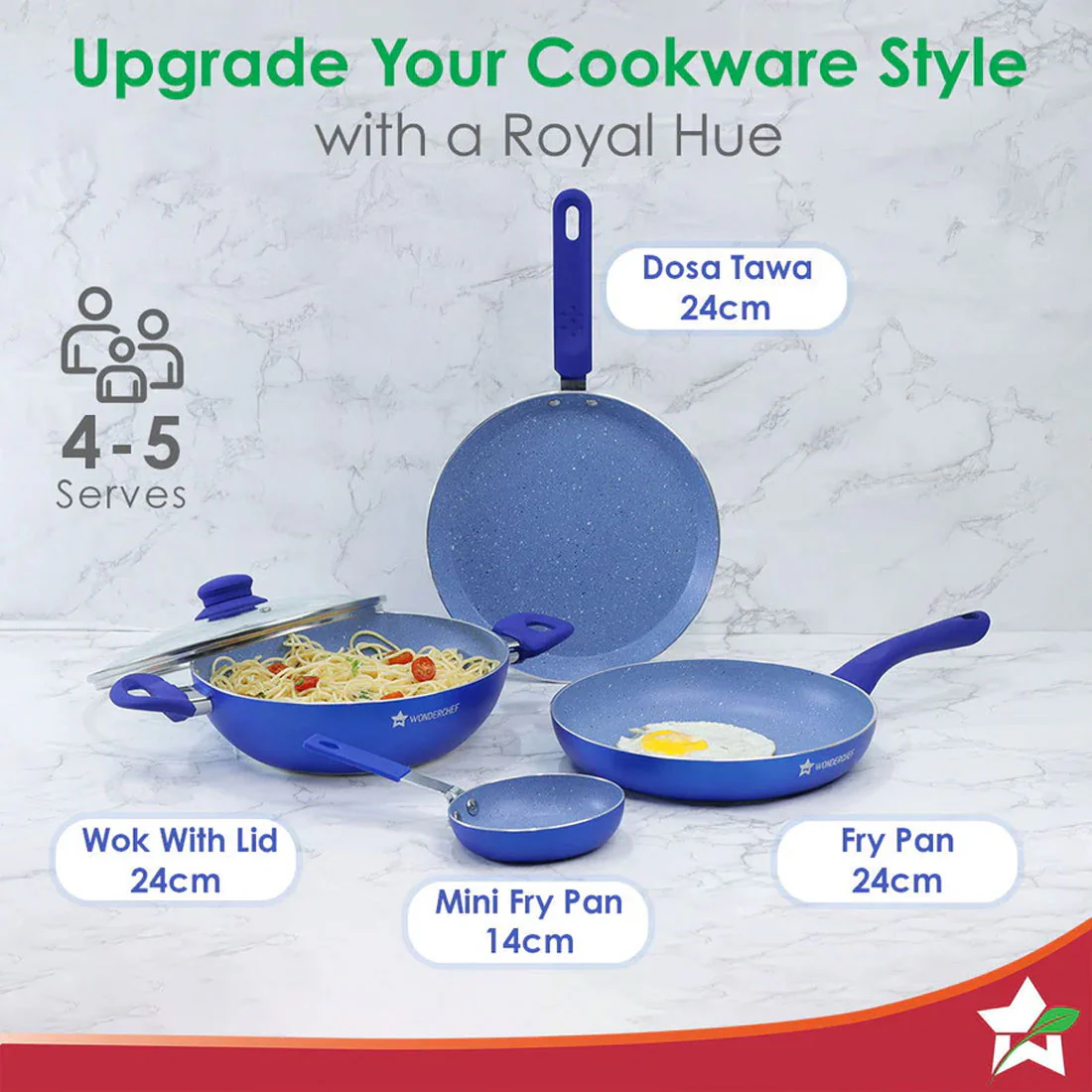 Royal Velvet Non-stick Cookware Set, 5Pc (Fry Pan with Lid, Wok, Dosa Tawa, Mini Fry Pan) Induction Bottom, Soft-touch Handles, Virgin Grade Aluminium, PFOA/Heavy Metals Free, 3mm, 2 Years Warranty, Blue - Image 6