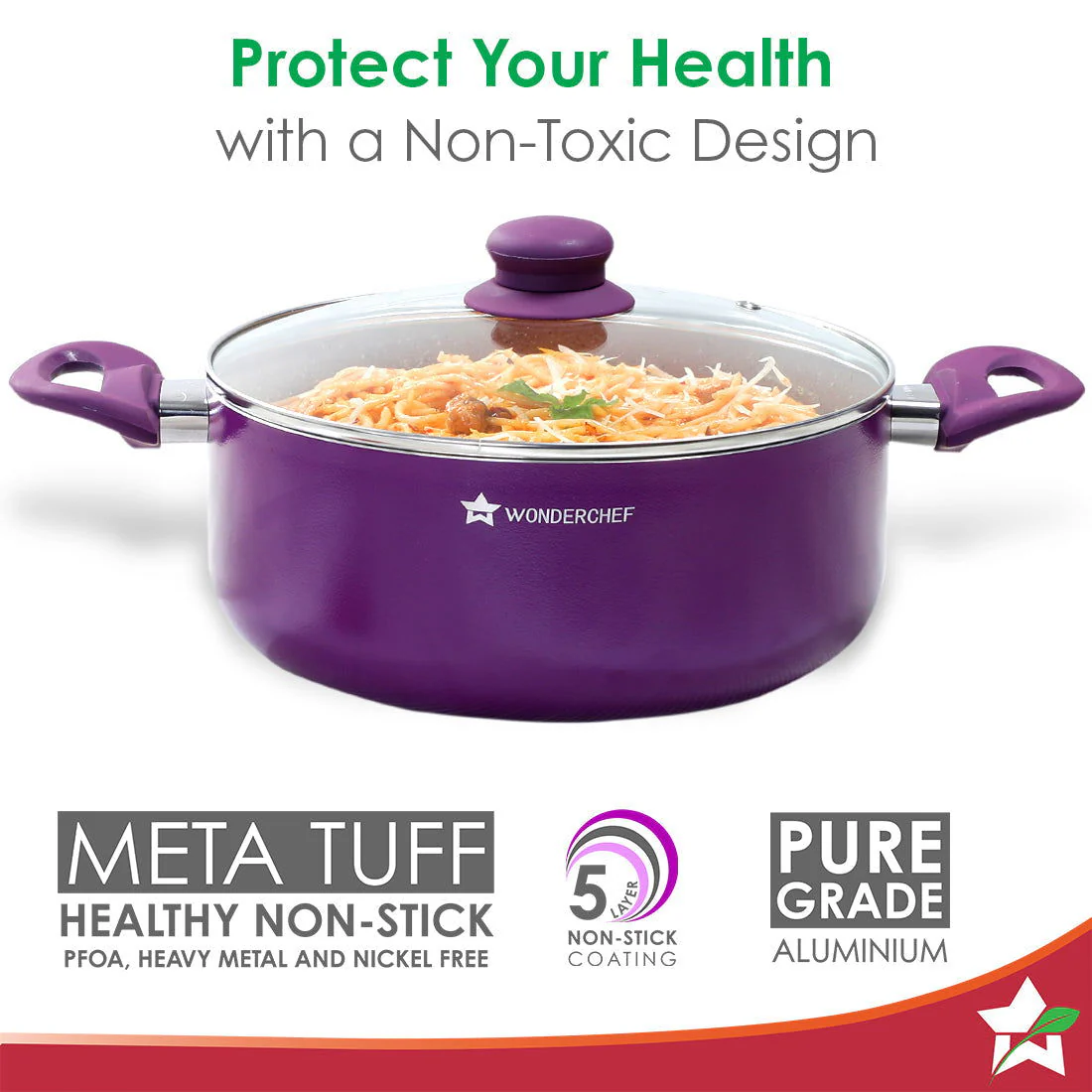 Royal Velvet 24cm Casserole with Glass Lid I Induction Ready | Soft-touch handles |Non – Toxic I Virgin Aluminium| 3 mm thick | 4.5 litres | 2 year warranty | Purple - Image 3