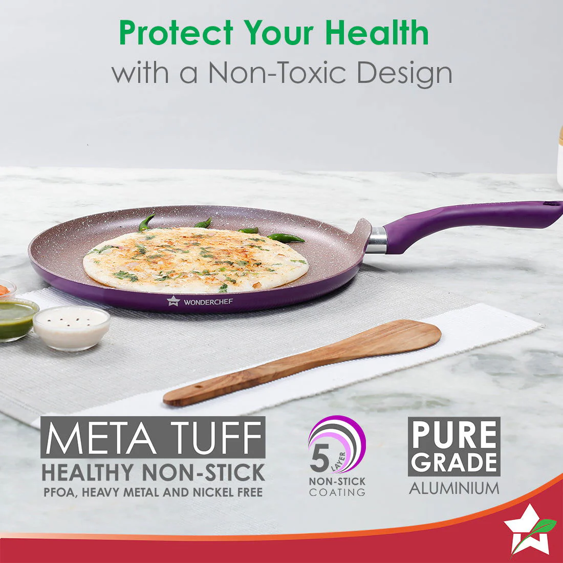 Royal Velvet Non-stick 30cm Dosa Tawa I Induction Ready | Soft-touch handles |Non – Toxic I Virgin Aluminium| 3 mm thick | 1.8 litres | 2 year warranty | Purple - Image 3