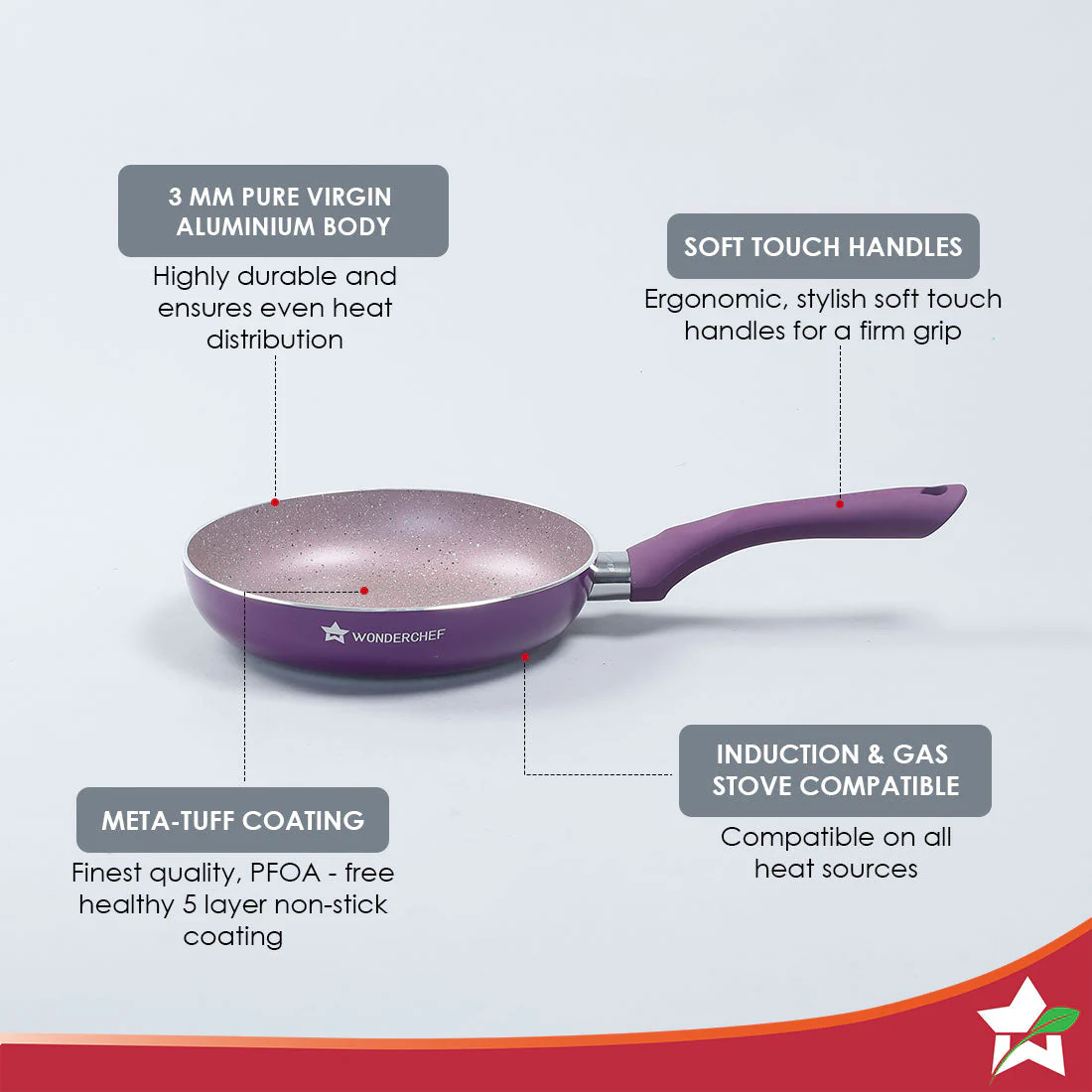 Royal Velvet 20 cm Non-Stick Fry Pan with Induction Bottom & Soft-Touch Handle | Virgin Grade Aluminium | PFOA & Heavy Metals Free | 3 mm thick | 1.2 litres | 2 Years Warranty | Purple - Image 2