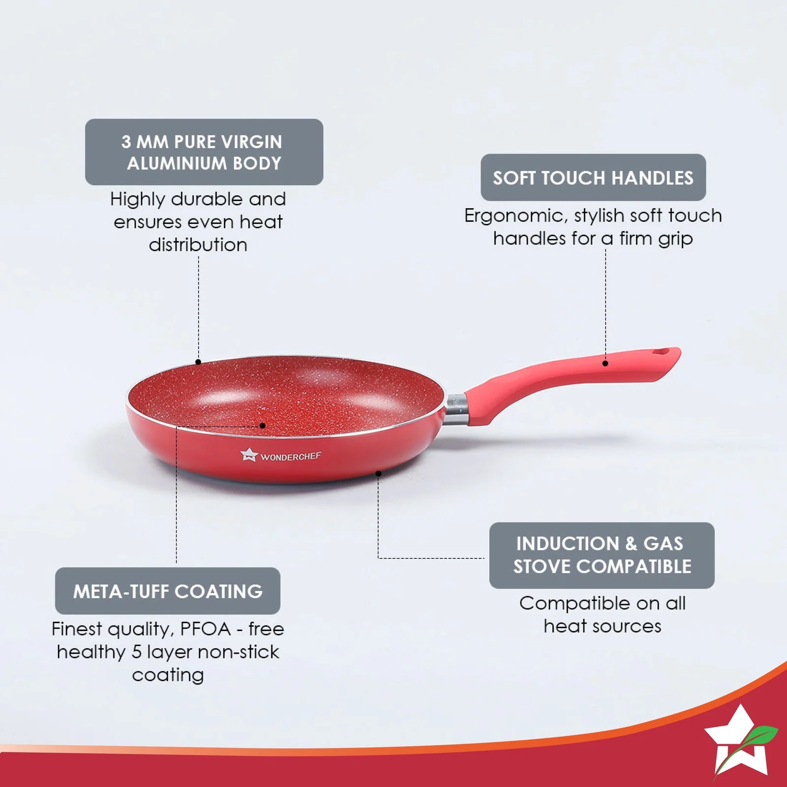 Royal Velvet 24 cm Non-Stick Fry Pan | Induction Bottom | Soft-Touch Handle | Virgin Grade Aluminium | PFOA & Heavy Metals Free | 3 mm | 1.8 litres | 2 Years Warranty | Red - Image 3
