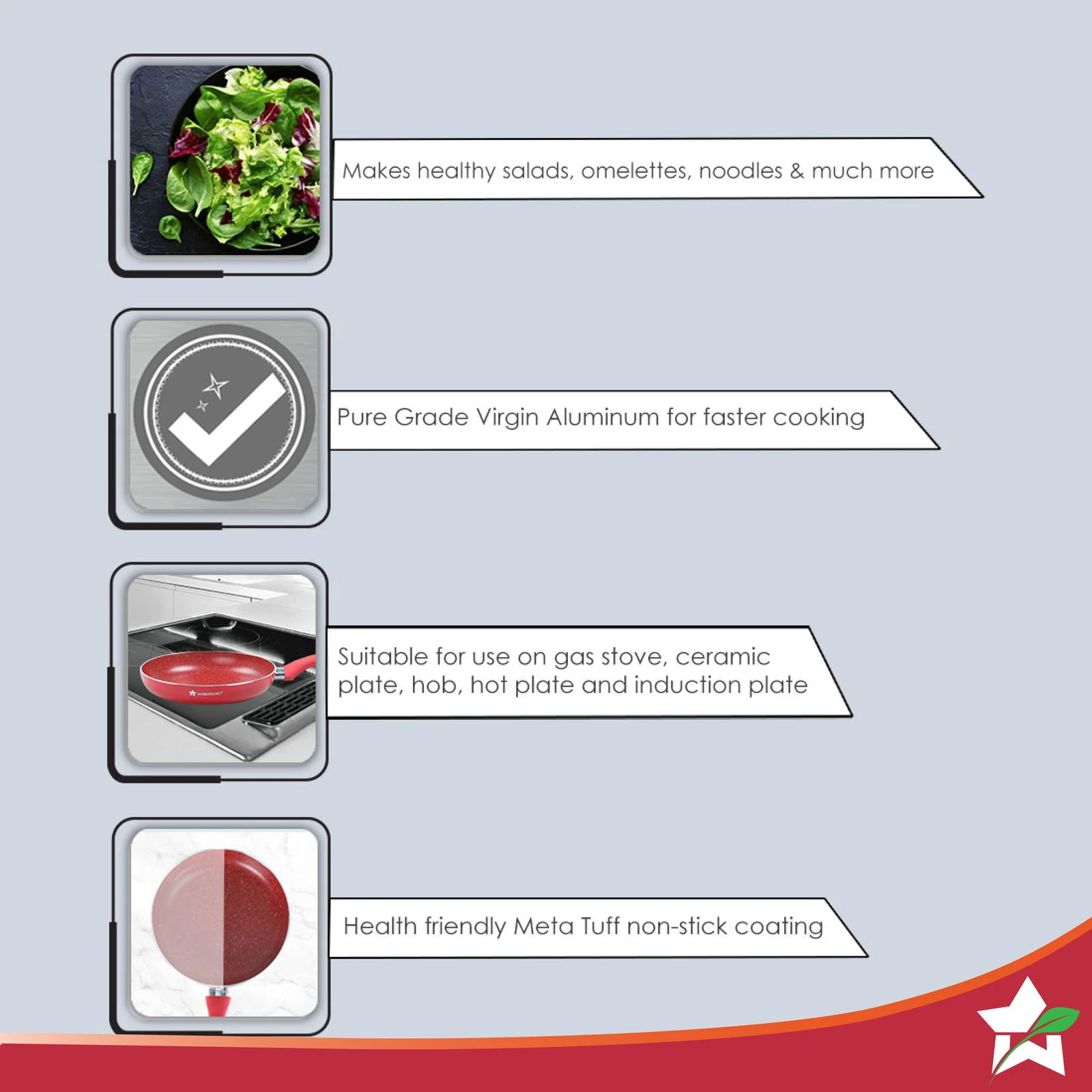 Royal Velvet 24 cm Non-Stick Fry Pan | Induction Bottom | Soft-Touch Handle | Virgin Grade Aluminium | PFOA & Heavy Metals Free | 3 mm | 1.8 litres | 2 Years Warranty | Red - Image 5