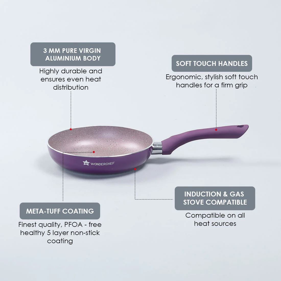 Royal Velvet Non-Stick 26 cm Fry Pan with Induction Bottom & Soft-Touch Handle | Virgin Grade Aluminium | PFOA & Heavy Metals Free | 3 mm thick | 2.1 litres | 2 Years Warranty | Purple - Image 8