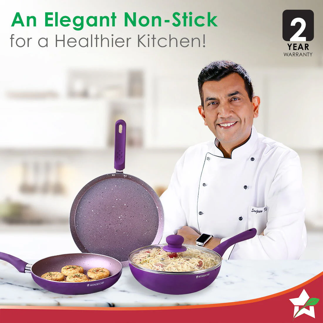 Royal Velvet Non-stick Cookware Set, 4Pc (Fry Pan with Lid, Wok, Dosa Tawa) 3mm, 2 Years Warranty, Purple - Image 2