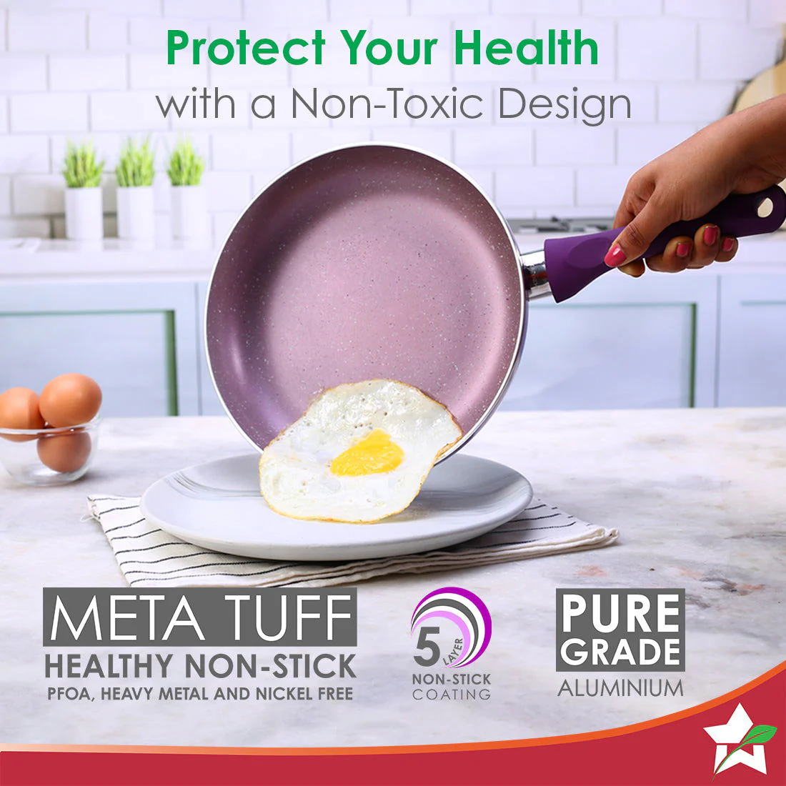 Royal Velvet Non-stick Cookware Set, 4Pc (Fry Pan with Lid, Wok, Dosa Tawa) 3mm, 2 Years Warranty, Purple - Image 3