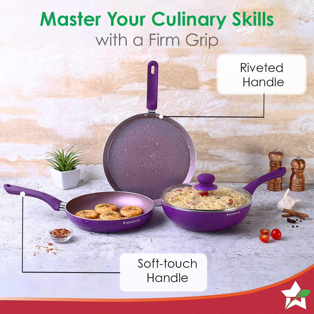 Royal Velvet Non-stick Cookware Set, 4Pc (Fry Pan with Lid, Wok, Dosa Tawa) 3mm, 2 Years Warranty, Purple - Image 5