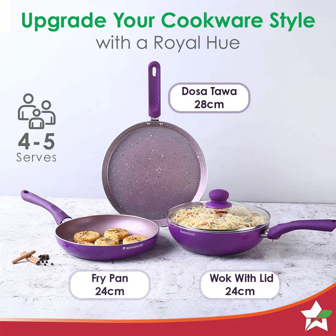 Royal Velvet Non-stick Cookware Set, 4Pc (Fry Pan with Lid, Wok, Dosa Tawa) 3mm, 2 Years Warranty, Purple - Image 6