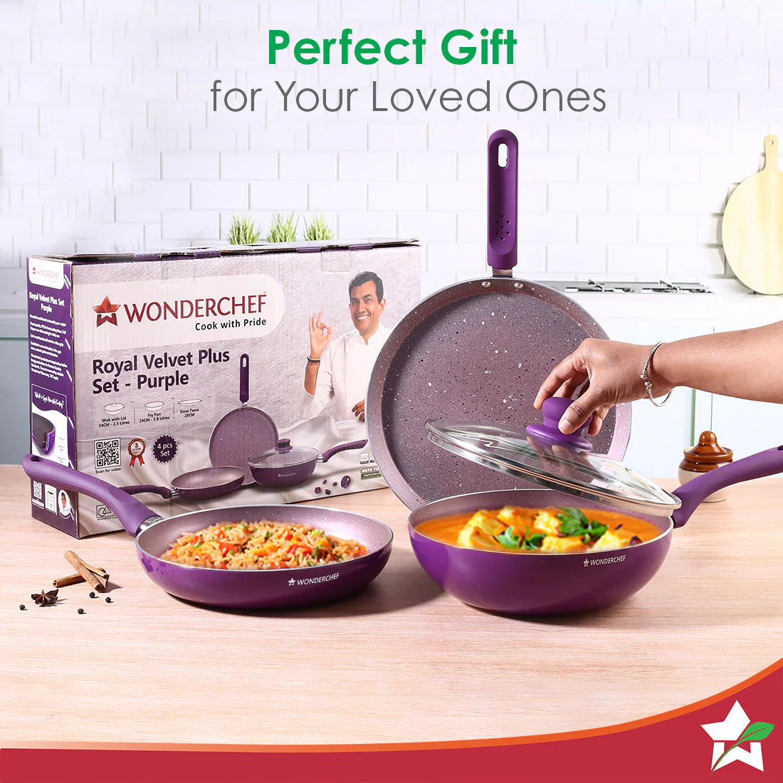 Royal Velvet Non-stick Cookware Set, 4Pc (Fry Pan with Lid, Wok, Dosa Tawa) 3mm, 2 Years Warranty, Purple - Image 7