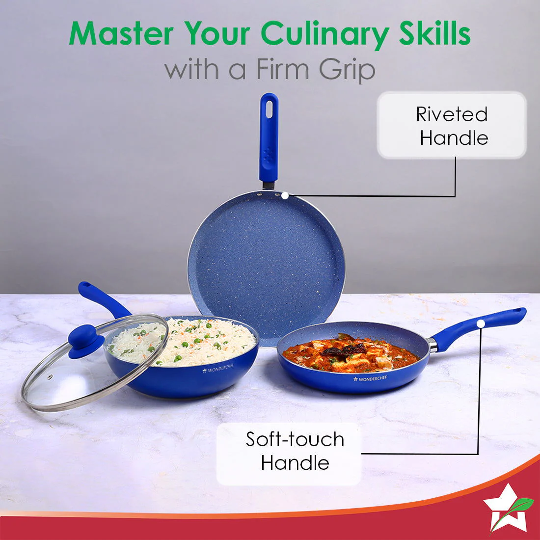 Royal Velvet Non-stick Cookware Set, 4Pc (Fry Pan with Lid, Wok, Dosa Tawa) Induction Bottom, Soft-touch Handles, Virgin Grade Aluminium, PFOA/Heavy Metals Free, 3mm, 2 Years Warranty, Blue - Image 5