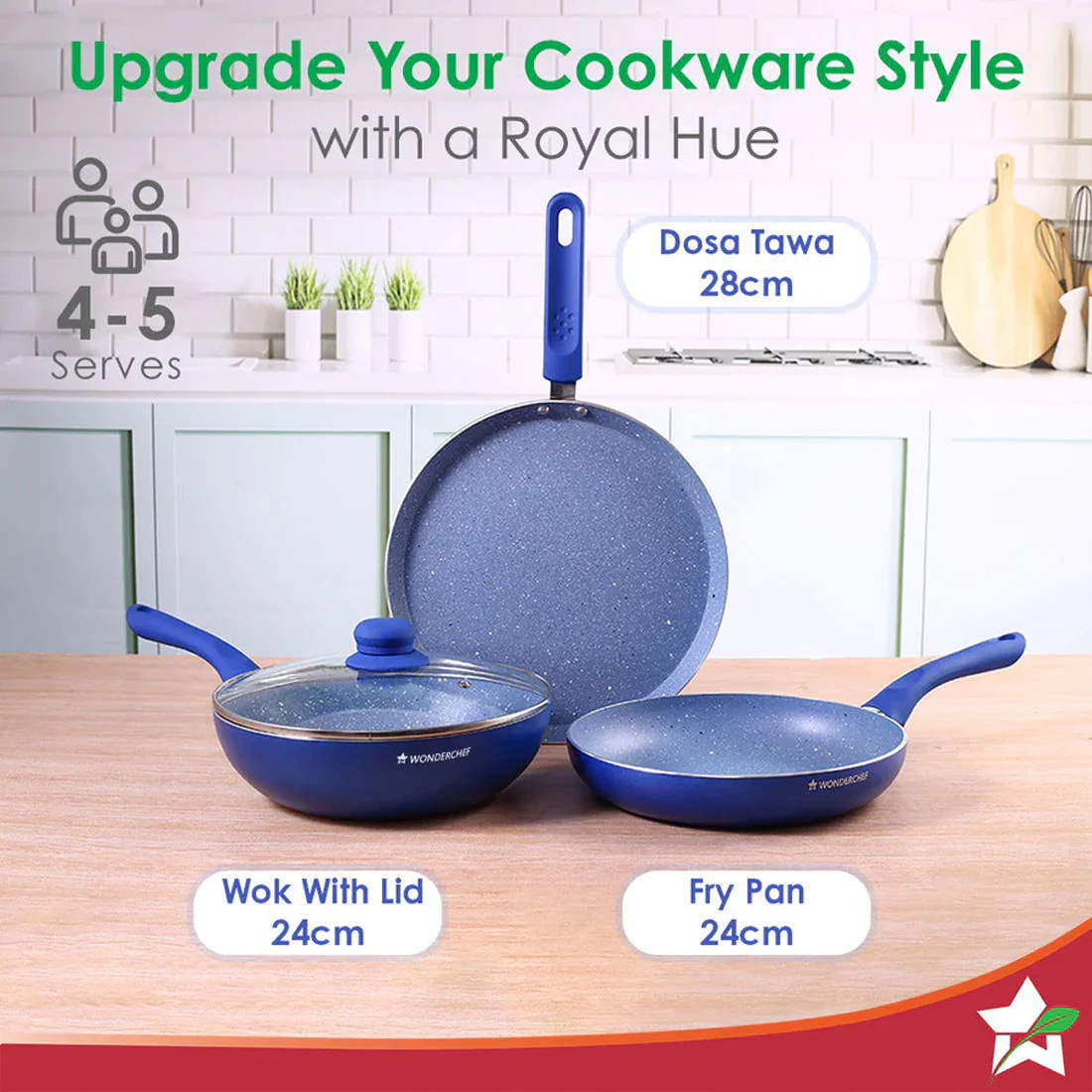 Royal Velvet Non-stick Cookware Set, 4Pc (Fry Pan with Lid, Wok, Dosa Tawa) Induction Bottom, Soft-touch Handles, Virgin Grade Aluminium, PFOA/Heavy Metals Free, 3mm, 2 Years Warranty, Blue - Image 6