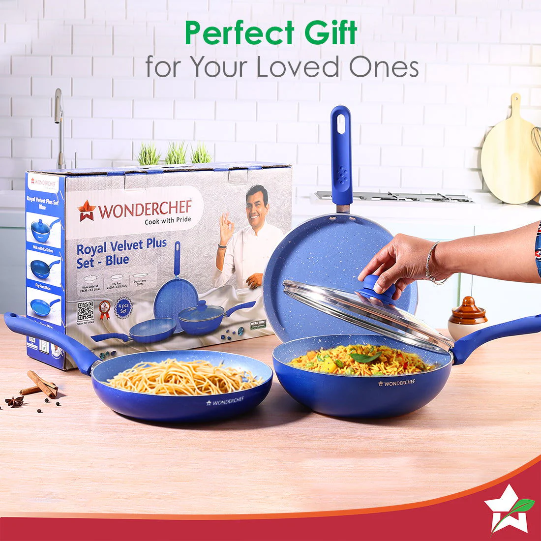 Royal Velvet Non-stick Cookware Set, 4Pc (Fry Pan with Lid, Wok, Dosa Tawa) Induction Bottom, Soft-touch Handles, Virgin Grade Aluminium, PFOA/Heavy Metals Free, 3mm, 2 Years Warranty, Blue - Image 7
