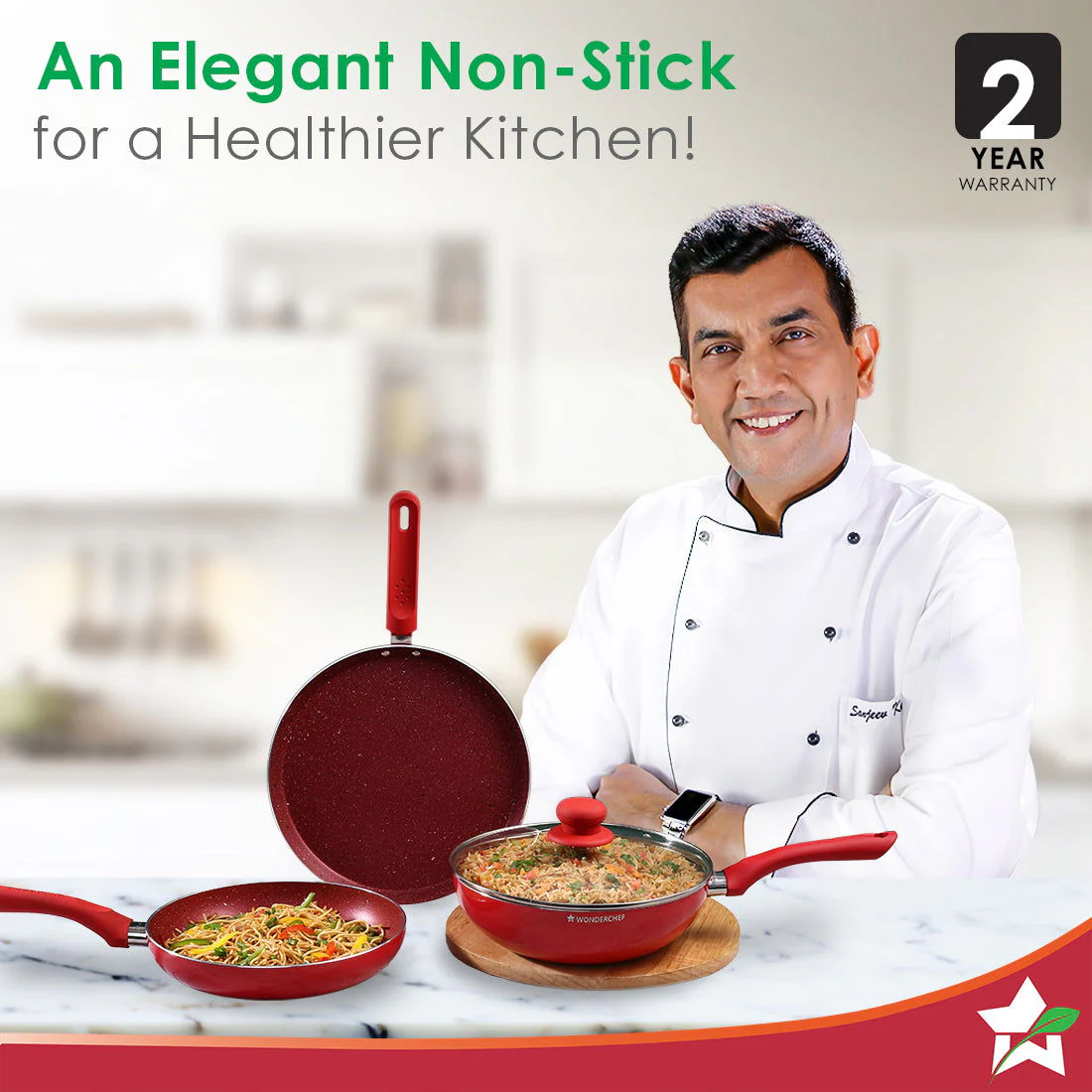 Royal Velvet Non-stick Cookware Set, 4Pc (Fry Pan with Lid, Wok, Dosa Tawa), Induction Bottom, Soft-touch Handles, Virgin Grade Aluminium, PFOA/Heavy Metals Free, 3mm, 2 Years Warranty, Red - Image 2