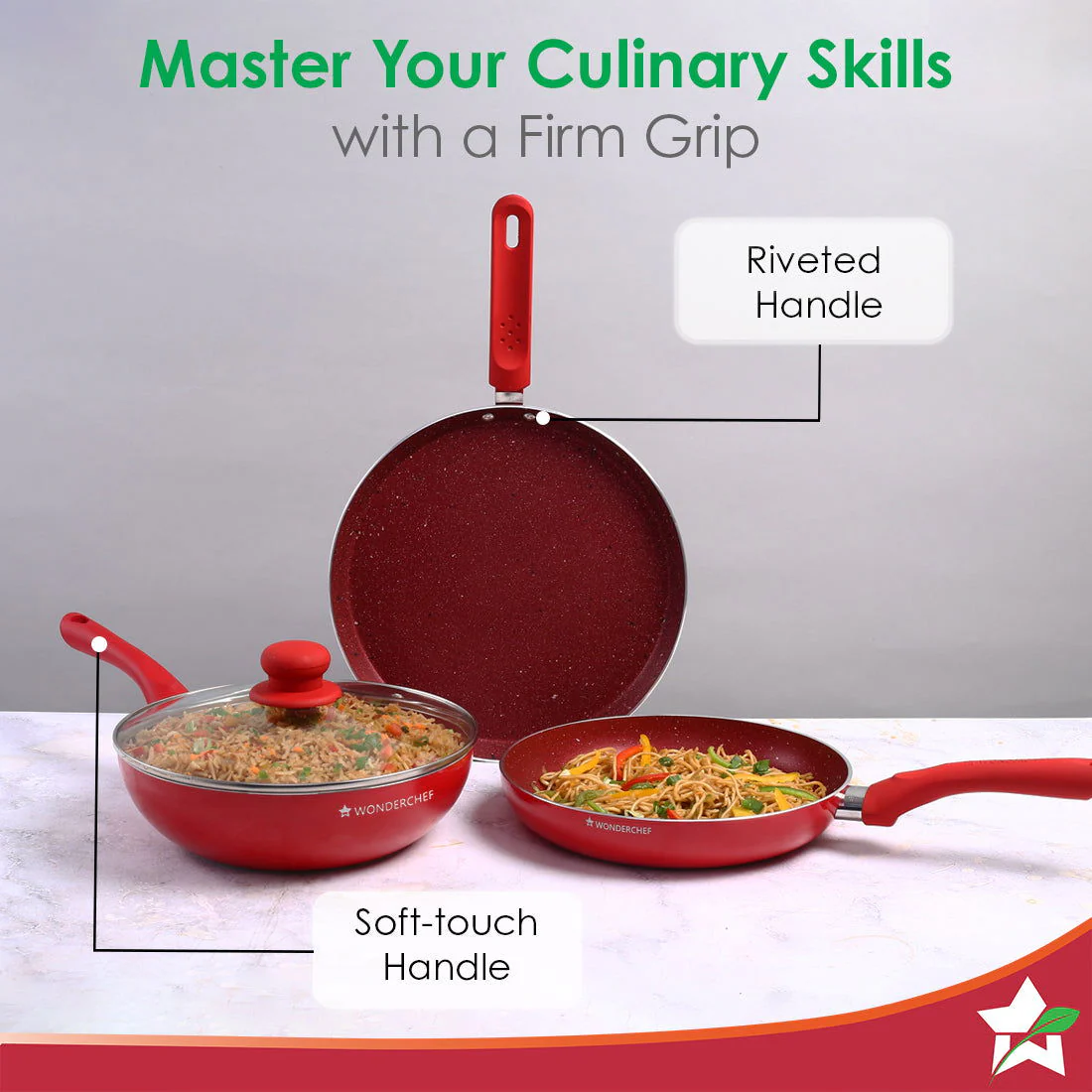 Royal Velvet Non-stick Cookware Set, 4Pc (Fry Pan with Lid, Wok, Dosa Tawa), Induction Bottom, Soft-touch Handles, Virgin Grade Aluminium, PFOA/Heavy Metals Free, 3mm, 2 Years Warranty, Red - Image 5