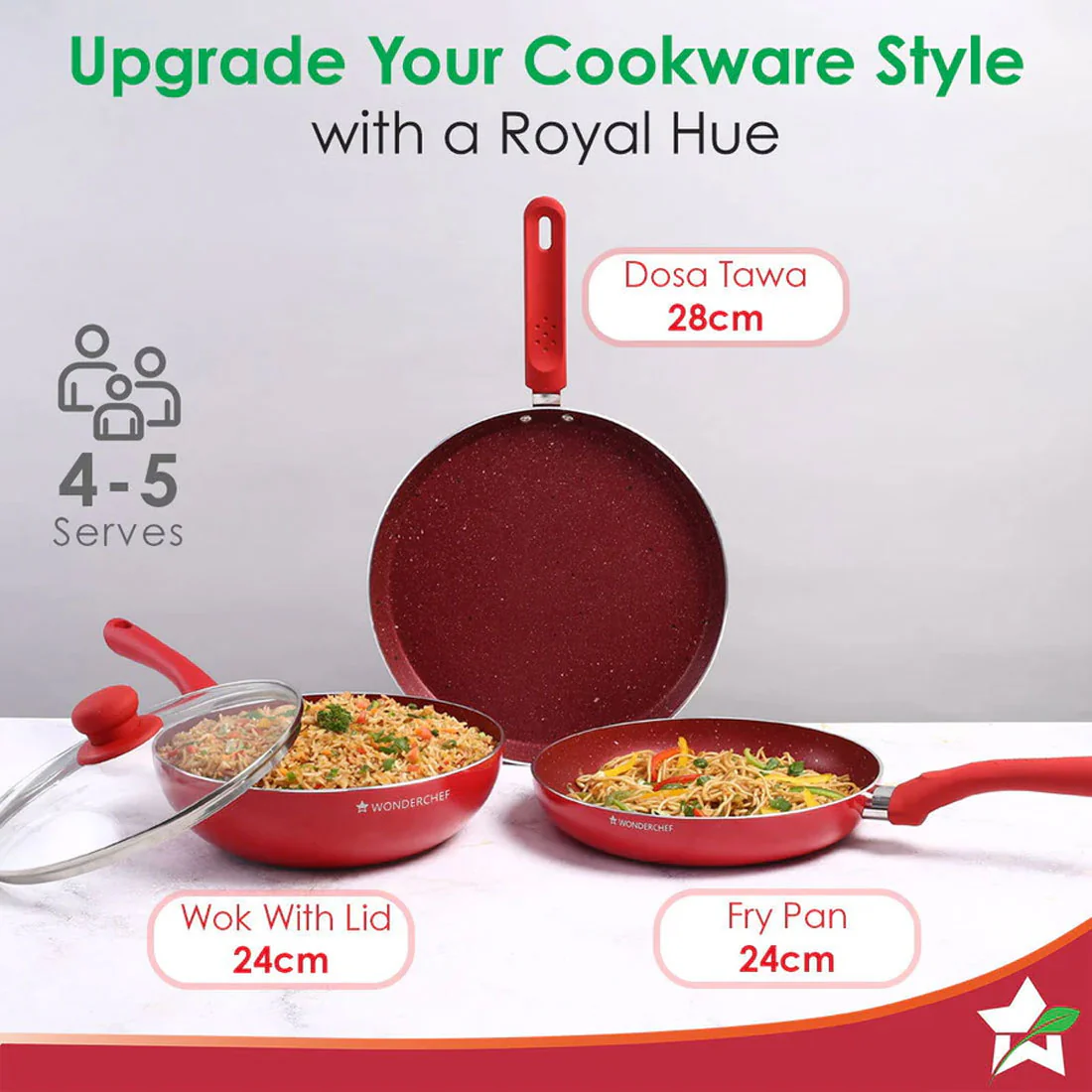 Royal Velvet Non-stick Cookware Set, 4Pc (Fry Pan with Lid, Wok, Dosa Tawa), Induction Bottom, Soft-touch Handles, Virgin Grade Aluminium, PFOA/Heavy Metals Free, 3mm, 2 Years Warranty, Red - Image 6