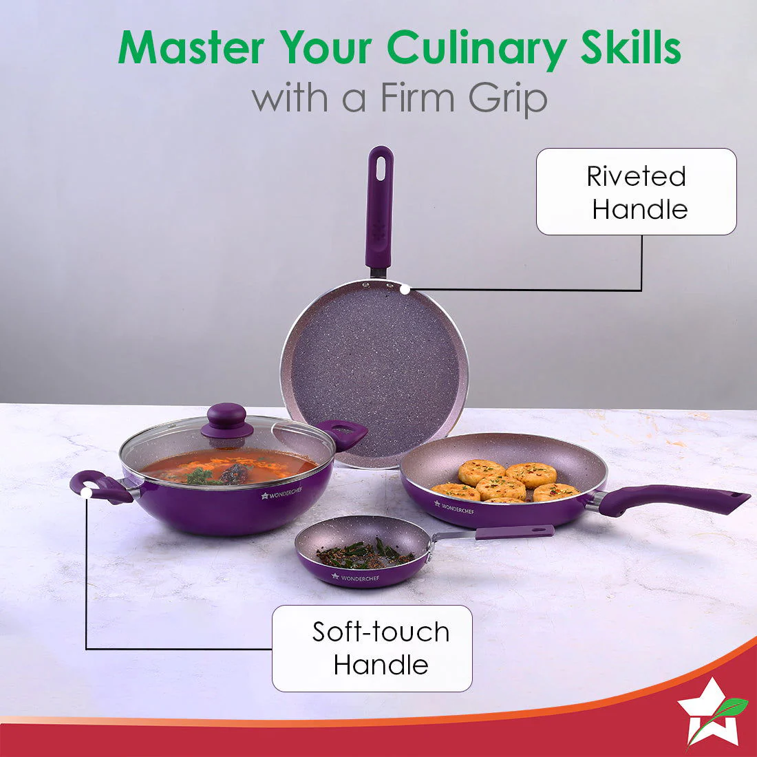 Royal Velvet Non-stick 5-piece Cookware Set (Fry Pan with Lid, Wok, Dosa Tawa, Mini Fry Pan) | Induction Ready (Dosa Tawa only)| Soft-touch handles |Non – Toxic I Virgin Aluminium | 3 mm thick | 2 years warranty | Purple - Image 5