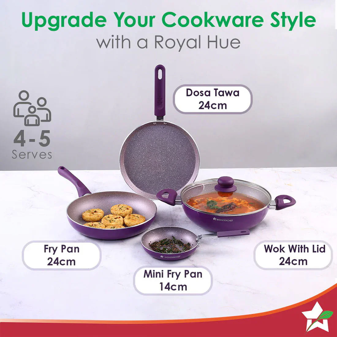 Royal Velvet Non-stick 5-piece Cookware Set (Fry Pan with Lid, Wok, Dosa Tawa, Mini Fry Pan) | Induction Ready (Dosa Tawa only)| Soft-touch handles |Non – Toxic I Virgin Aluminium | 3 mm thick | 2 years warranty | Purple - Image 6