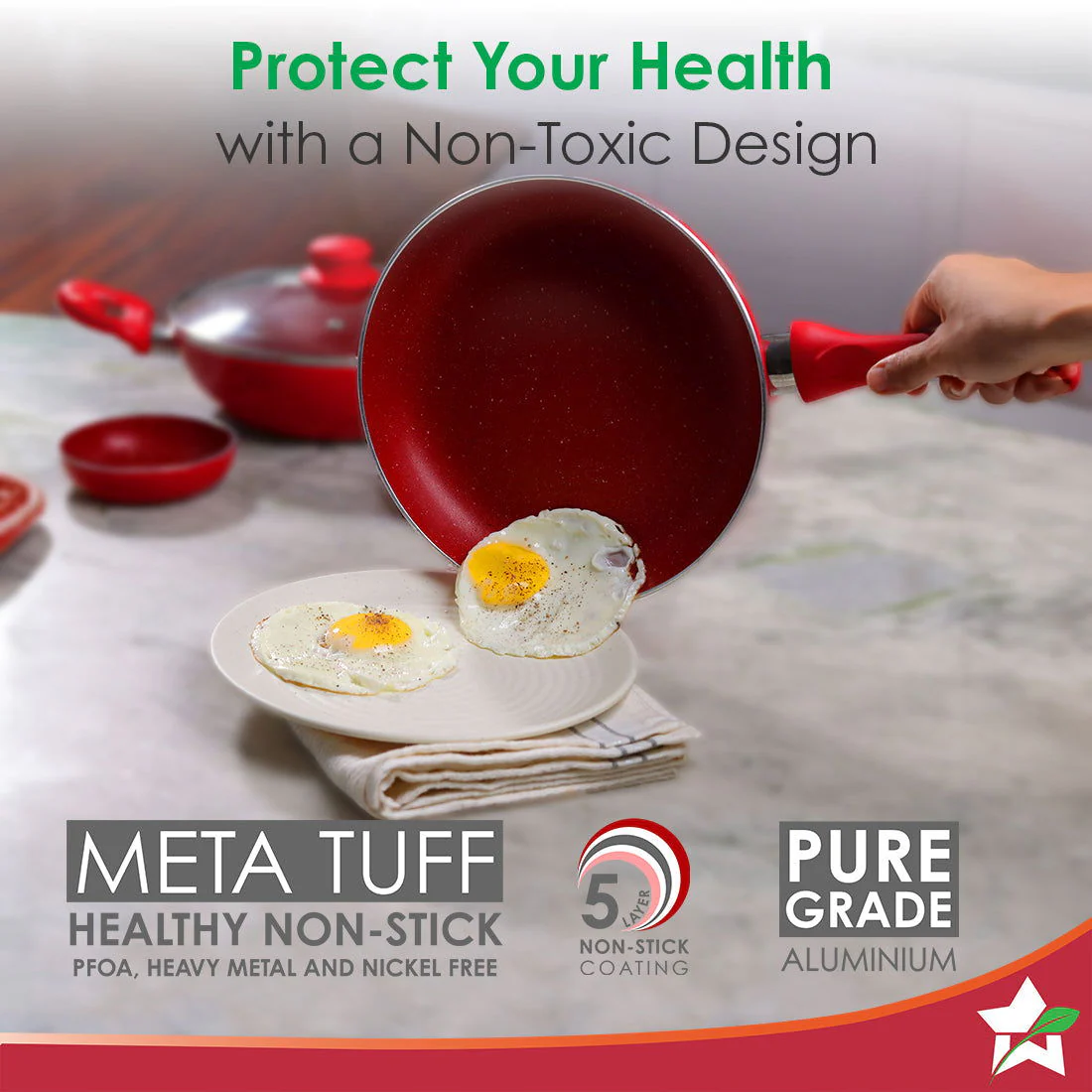 Royal Velvet Non-stick Cookware Set, 5Pc (Fry Pan with Lid, Wok, Dosa Tawa, Mini Fry Pan) Induction bottom, Soft-touch handles, Virgin Grade Aluminium, PFOA/Heavy Metals Free, 3 mm, 2 Years Warranty, Red - Image 3