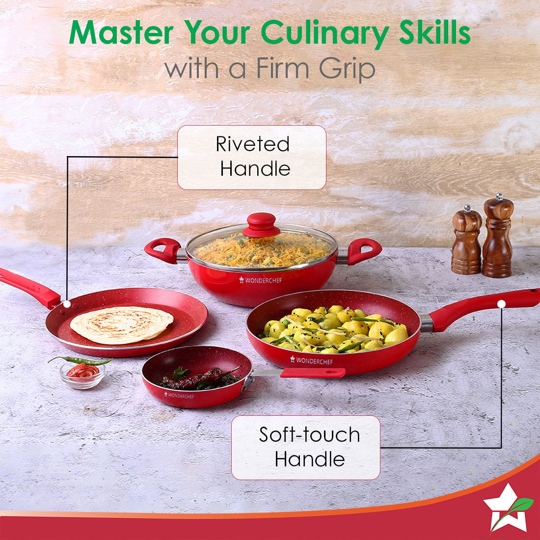 Royal Velvet Non-stick Cookware Set, 5Pc (Fry Pan with Lid, Wok, Dosa Tawa, Mini Fry Pan) Induction bottom, Soft-touch handles, Virgin Grade Aluminium, PFOA/Heavy Metals Free, 3 mm, 2 Years Warranty, Red - Image 5