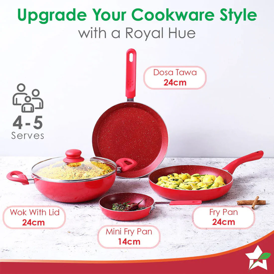 Royal Velvet Non-stick Cookware Set, 5Pc (Fry Pan with Lid, Wok, Dosa Tawa, Mini Fry Pan) Induction bottom, Soft-touch handles, Virgin Grade Aluminium, PFOA/Heavy Metals Free, 3 mm, 2 Years Warranty, Red - Image 6