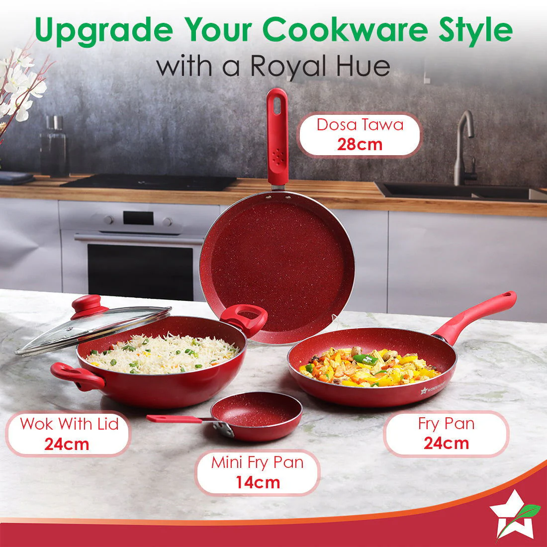 Royal Velvet Non-stick Cookware Set, 5Pc (Fry Pan with Lid, Wok, Dosa Tawa, Mini Fry Pan) Induction bottom, Soft-touch handles, Virgin Grade Aluminium, PFOA/Heavy Metals Free, 3 mm, 2 Years Warranty, Red - Image 7
