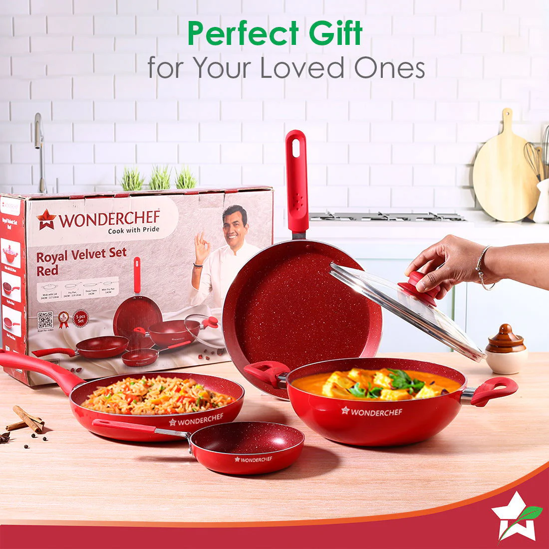 Royal Velvet Non-stick Cookware Set, 5Pc (Fry Pan with Lid, Wok, Dosa Tawa, Mini Fry Pan) Induction bottom, Soft-touch handles, Virgin Grade Aluminium, PFOA/Heavy Metals Free, 3 mm, 2 Years Warranty, Red - Image 8