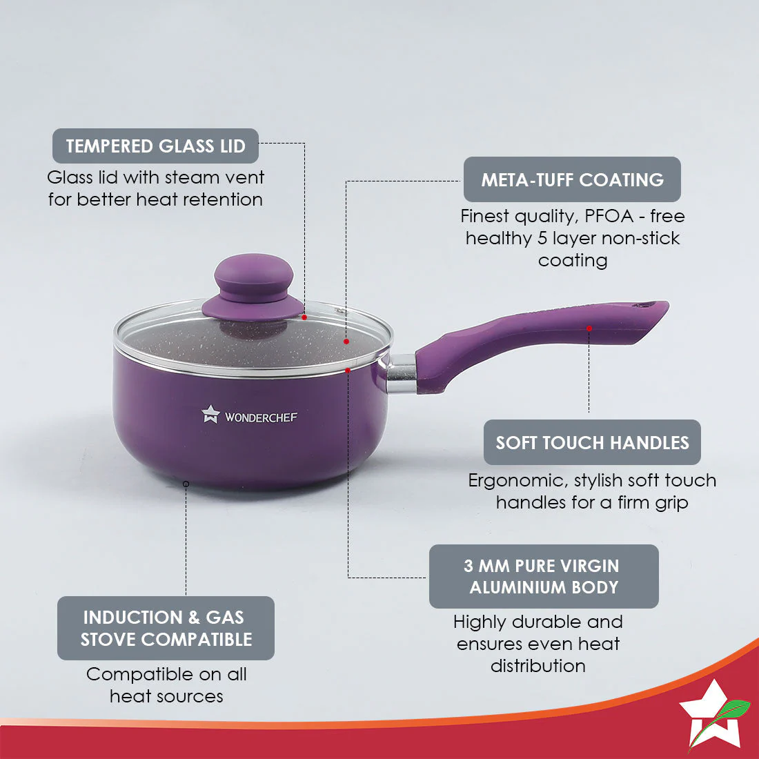 Royal Velvet 18cm Sauce pan with Glass Lid I Induction Ready | Soft-touch handles |Non – Toxic I Virgin Aluminium| 3 mm thick | 2 litres | 2 year warranty | Purple - Image 2