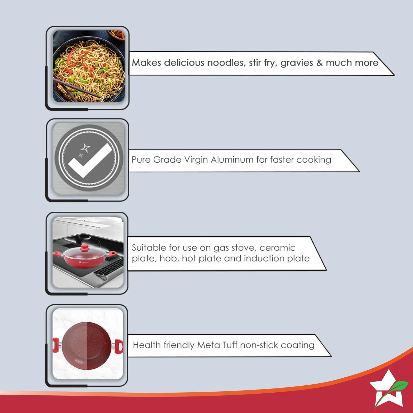Royal Velvet 24cm Wok with Lid Red| Induction bottom | Soft-touch handles | Virgin grade Aluminium | PFOA and Heavy metals free | 3 mm Thickness | 2 years warranty| Aqua - Image 3