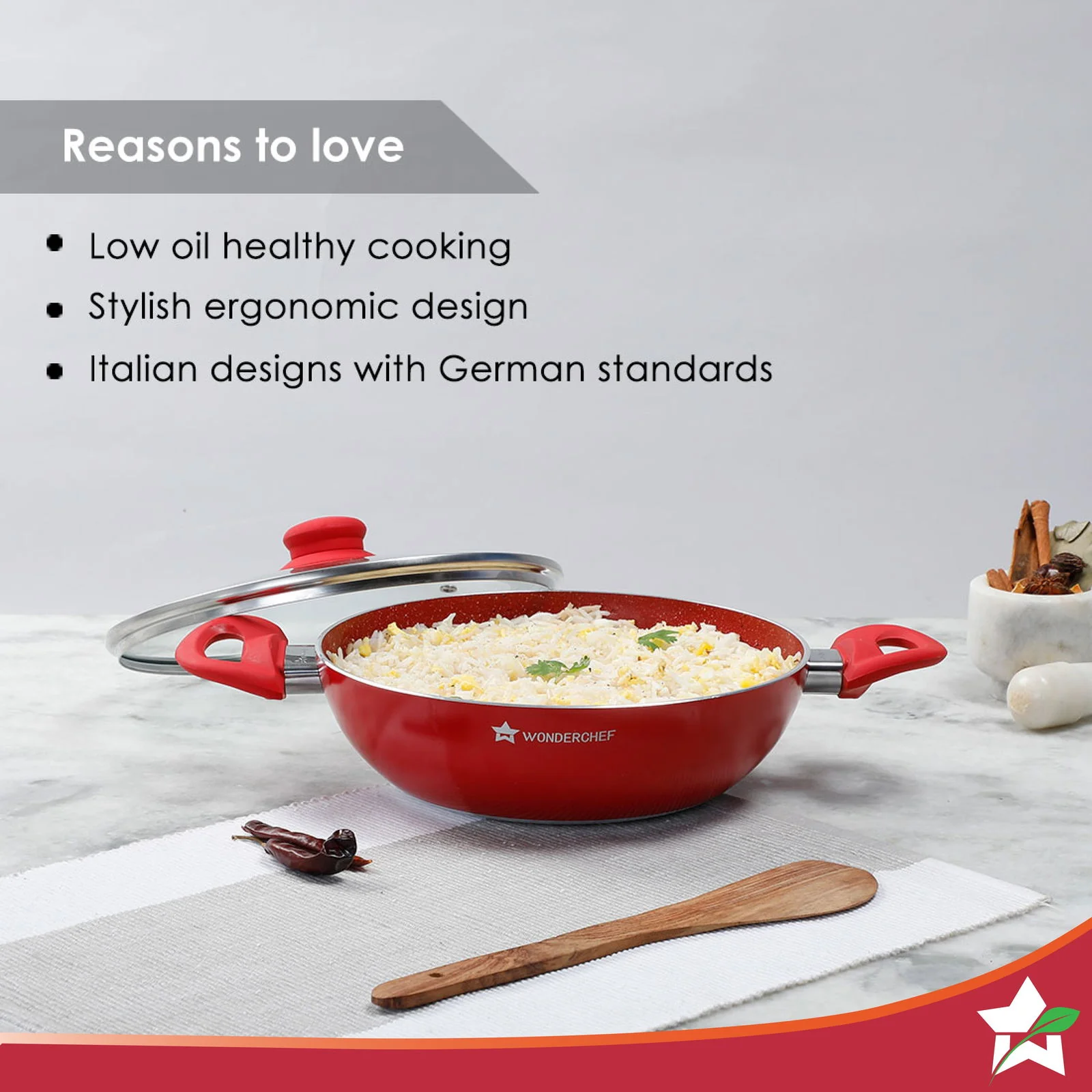 Royal Velvet 24cm Wok with Lid Red| Induction bottom | Soft-touch handles | Virgin grade Aluminium | PFOA and Heavy metals free | 3 mm Thickness | 2 years warranty| Aqua - Image 4