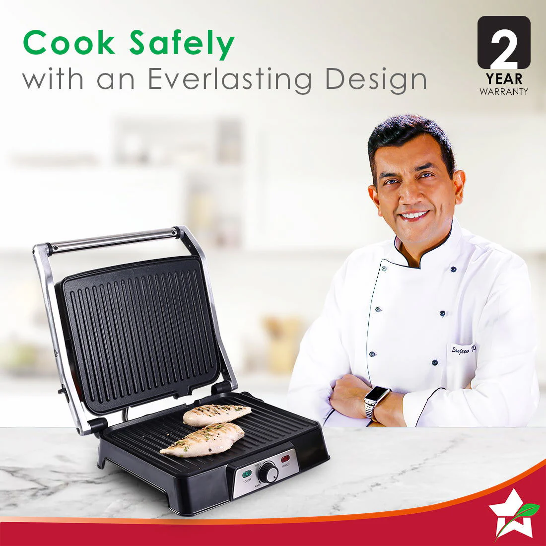 Sanjeev Kapoor Tandoor Professional| Electric Contact Grill & Sandwich Maker|3-in-1 Appliance|2000 Watt|180 Degree Grilling|Cool Touch Handle|LED Indicator|2 Year Warranty|Black & Silver - Image 2